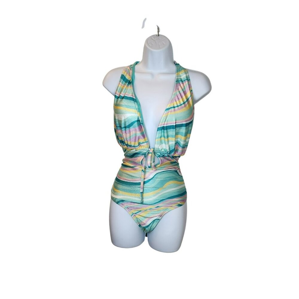 Blu C‎ Plunge Halter One-Piece 2X | Poly/Spandex | Pastel Wave | NWOT